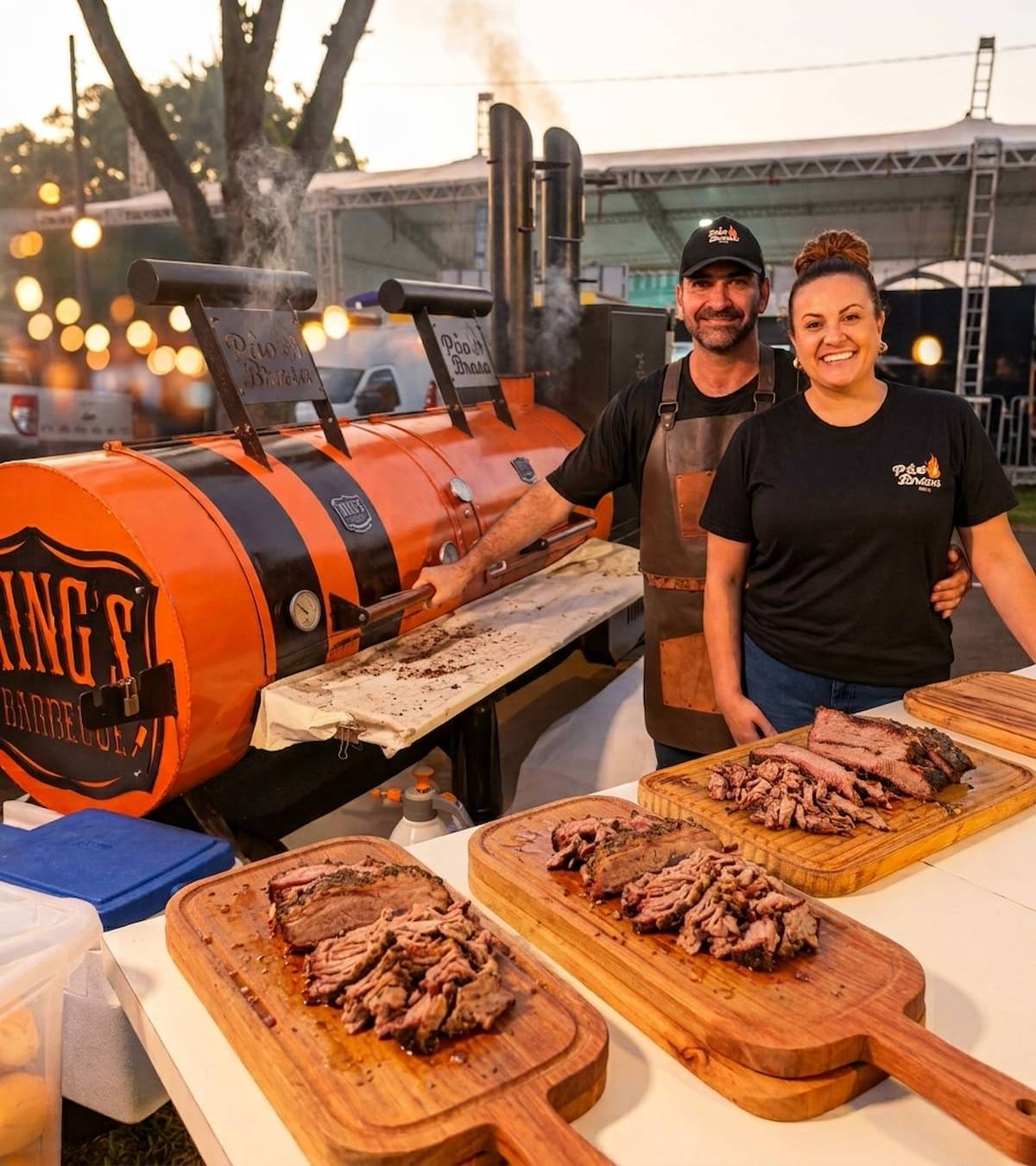 Churrasco para eventos: equipe da Pao & Brasa BBQ servindo carnes defumadas no pit smoker