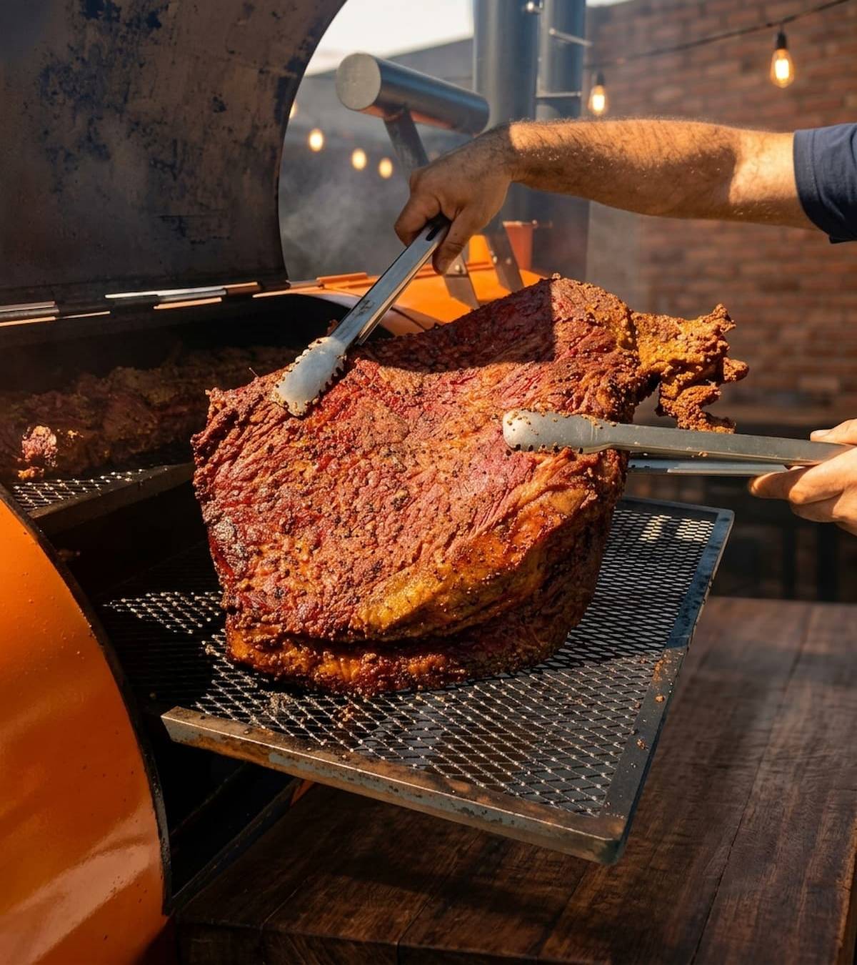 Brisket com casca de tempero sendo retirado do pit smoker da Pao & Brasa BBQ